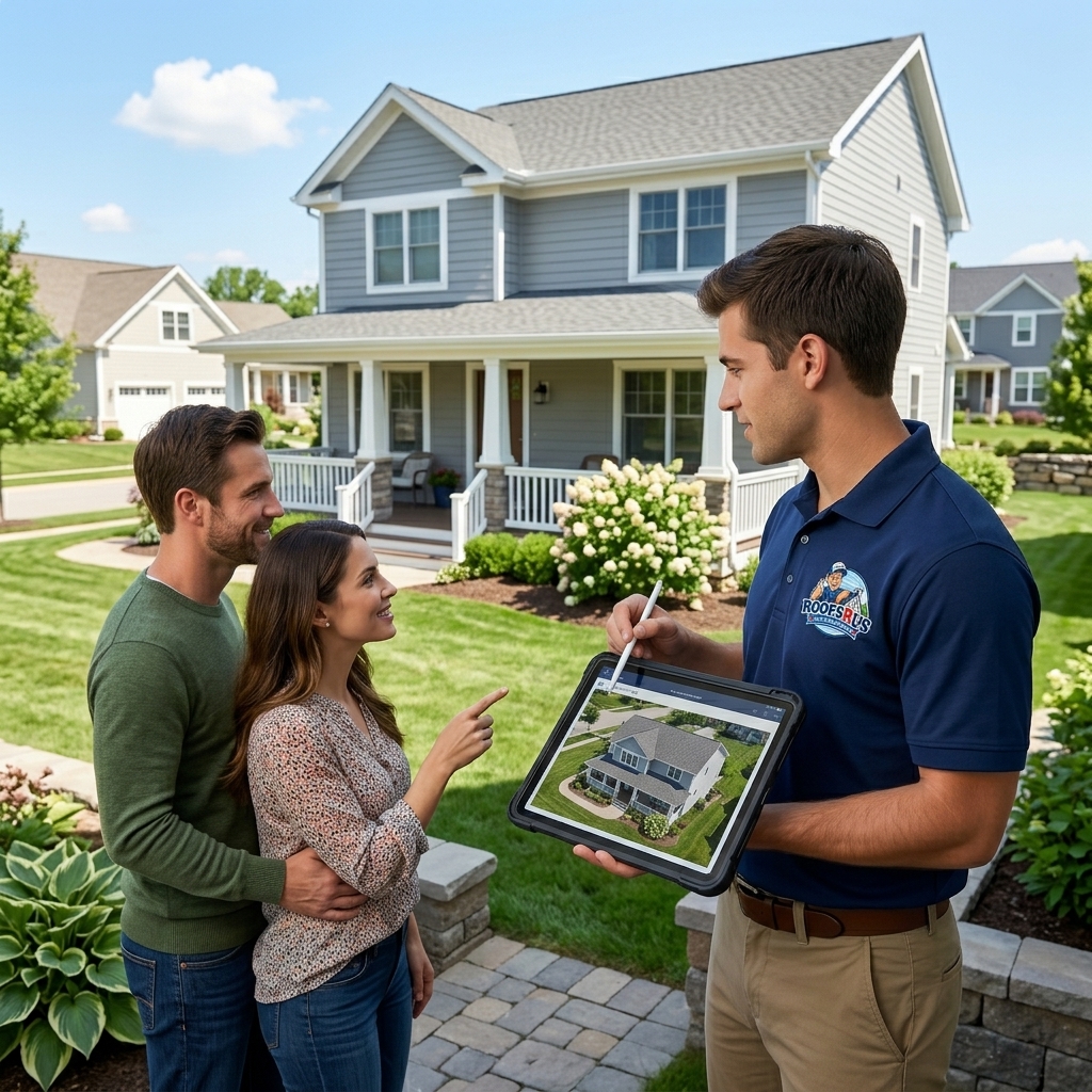 Roofer talking to homeowners