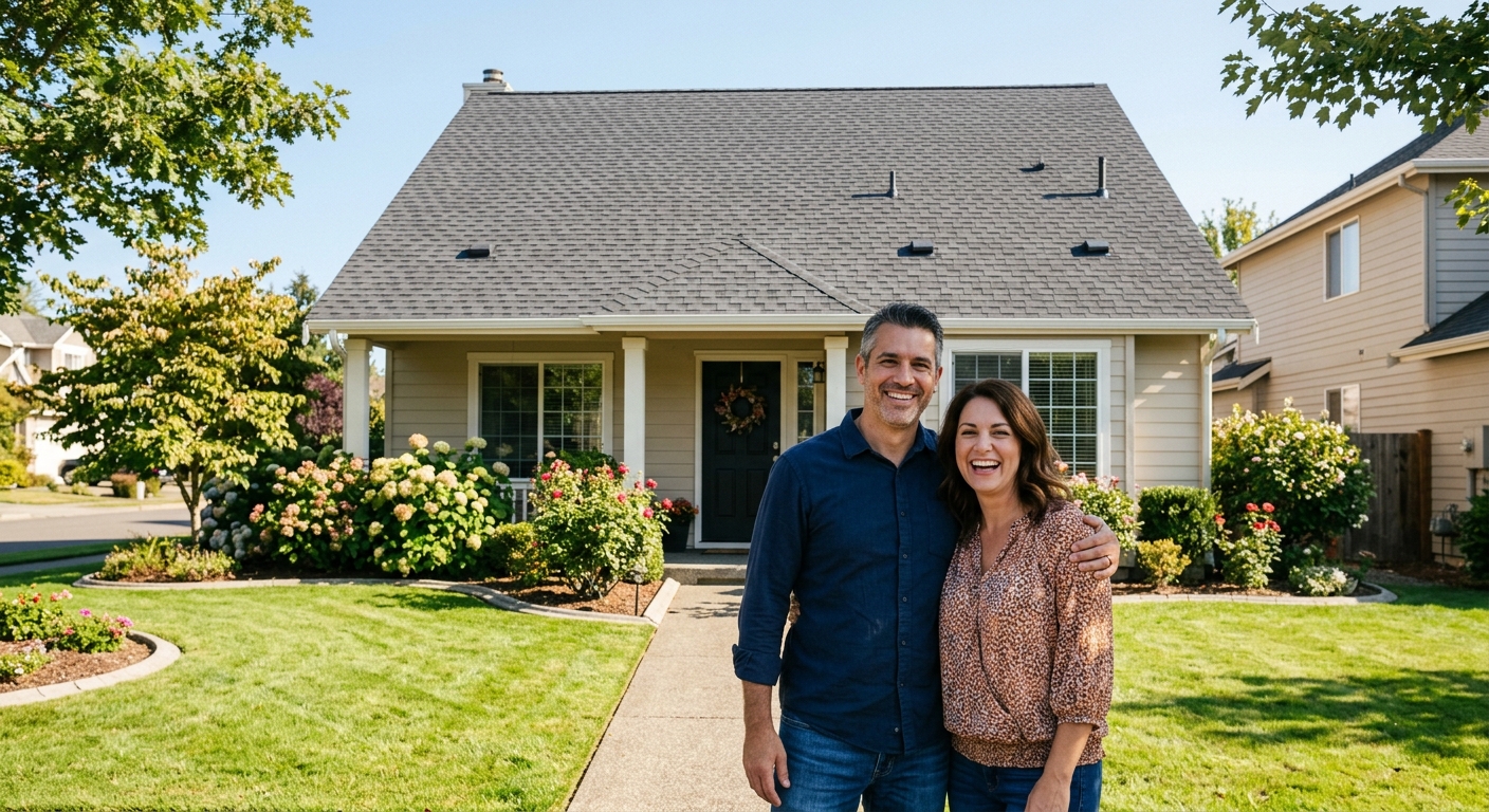Happy homeowners in front of their home with a new Roofs R Us roof