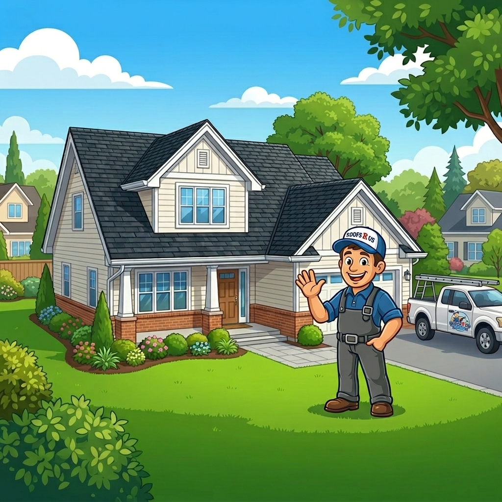 Friendly Roofs R Us mascot standing in front of a beautiful suburban home with a new roof