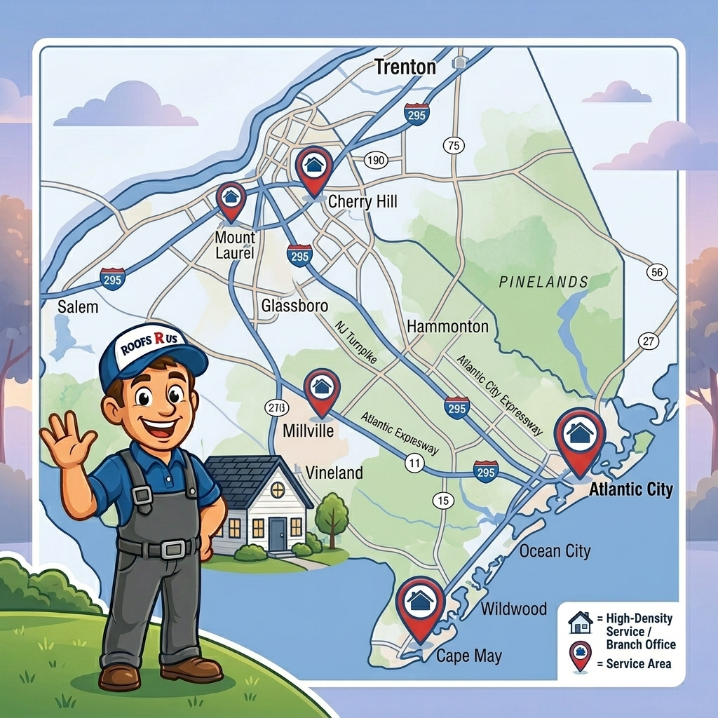Roofs R Us South Jersey service area map showing Cherry Hill, Glassboro, Millville and surrounding towns