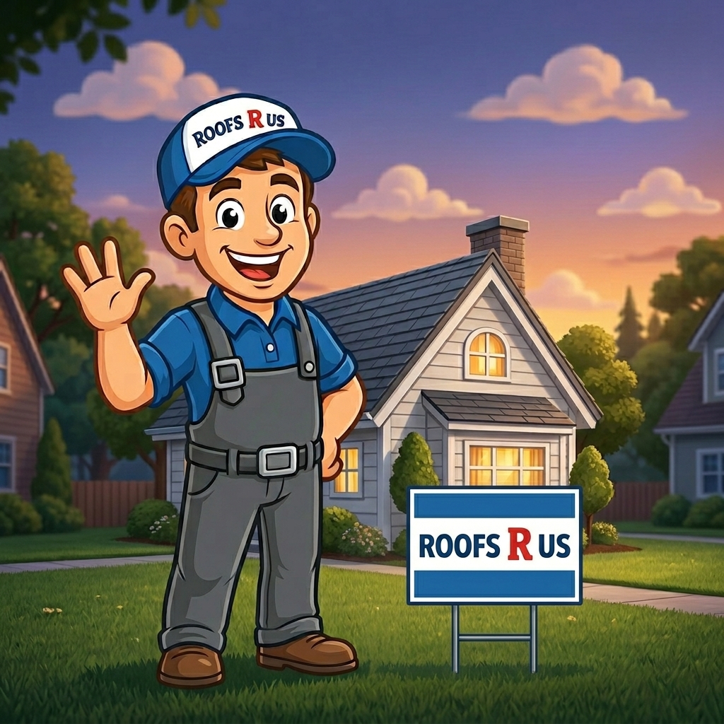 Roofs R Us mascot waving in front of a home with a yard sign
