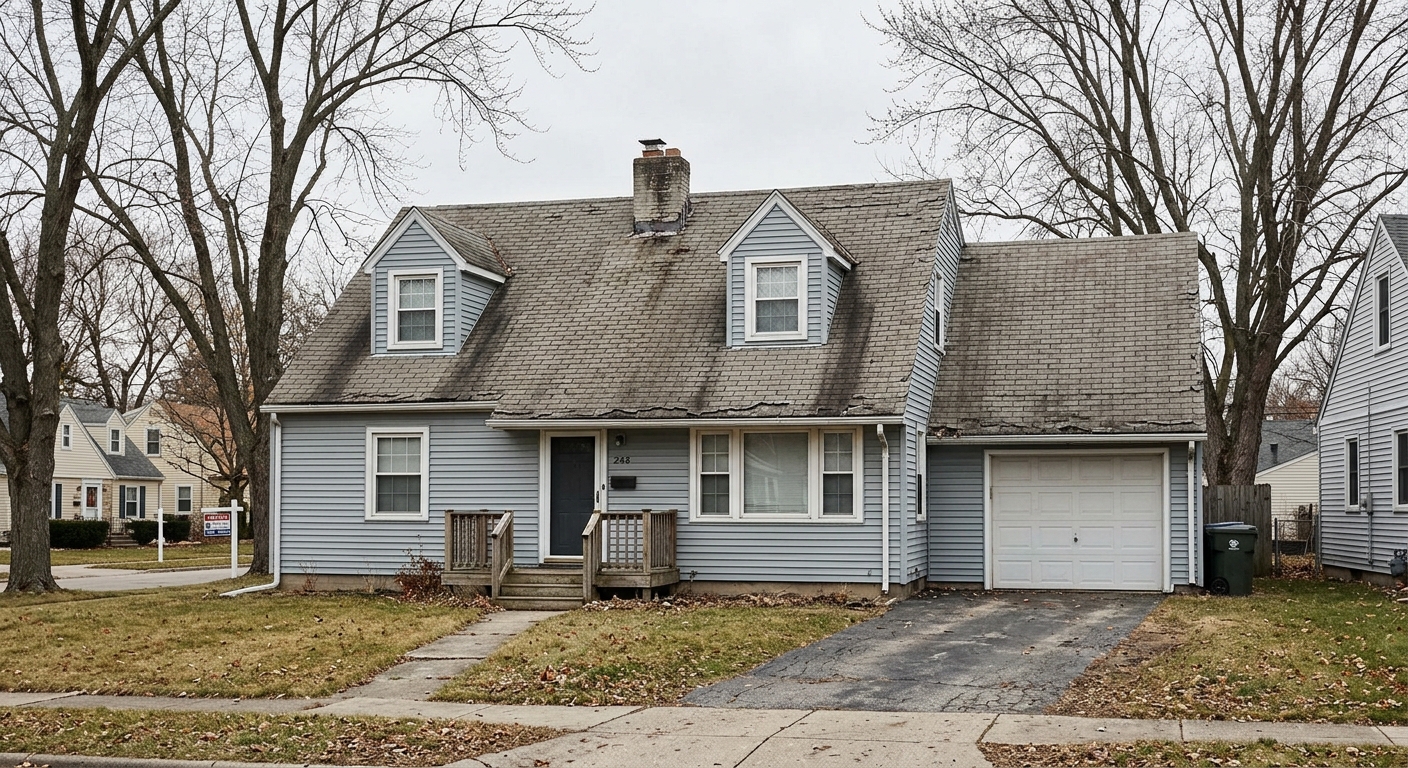 Worn weathered roof shingles before replacement