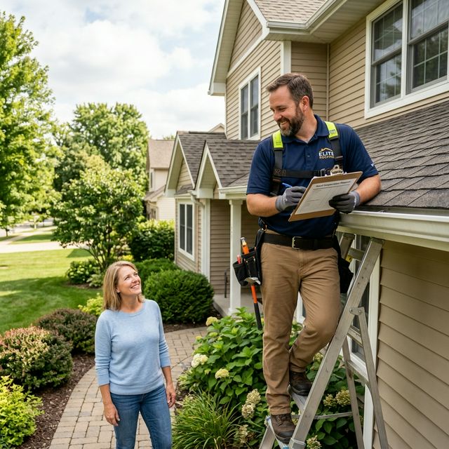 Roofer inspecting a roof with a homeowner nearby