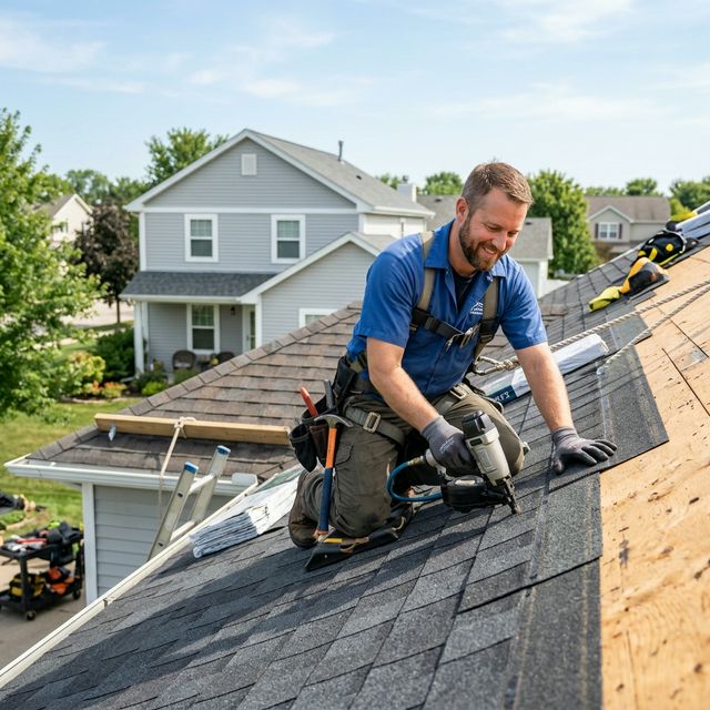 Roofer replacing shingles on a suburban home