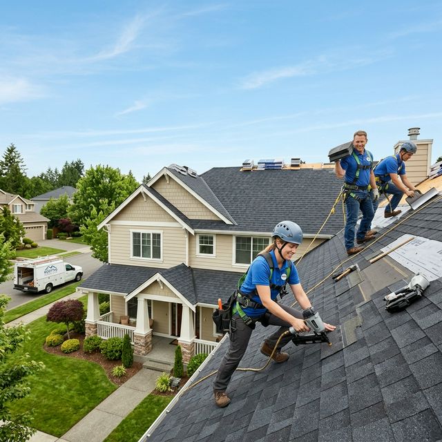 Roofing crew installing a new roof on a suburban home