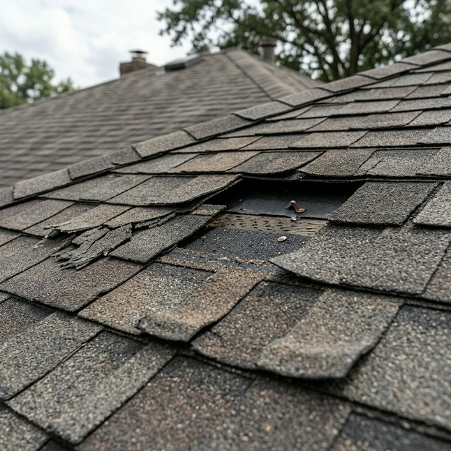Storm damage on asphalt roof shingles