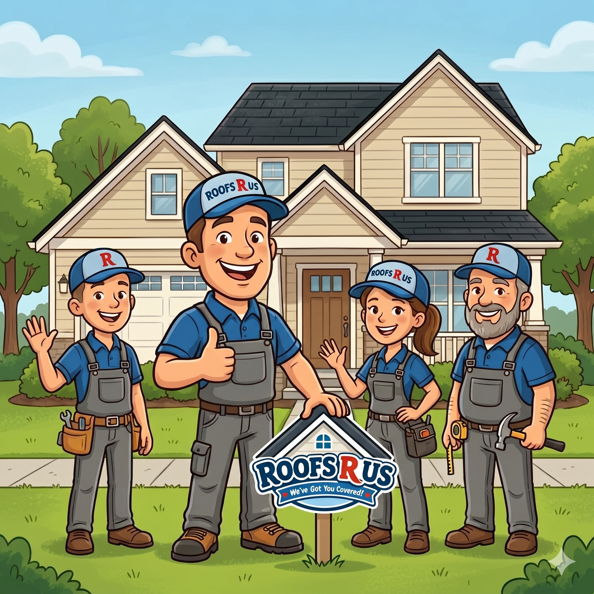 The friendly Roofs R Us team in front of a suburban home